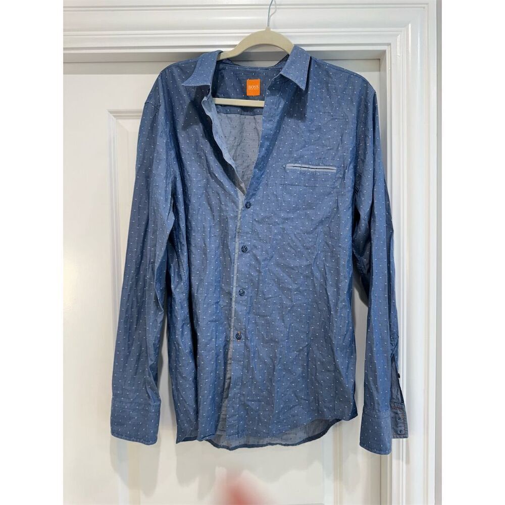 Hugo Boss Men's XL Blue Graphic Print Long Sleeve Button-Up Shirt